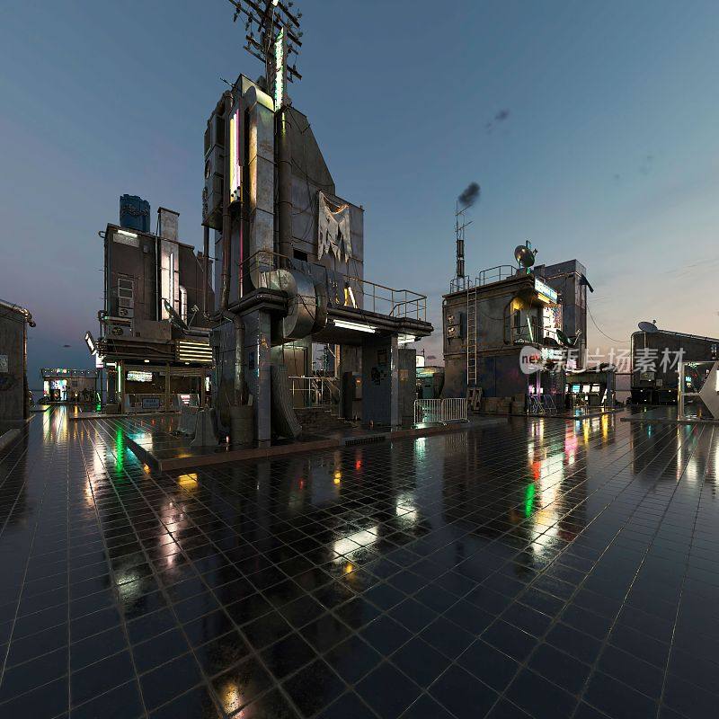 外观未来赛博朋克城市- 3D渲染，所有的图形和图标都是虚构的